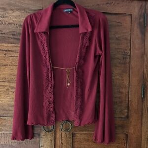 Elegant Burgundy Lace Trim Cardigan